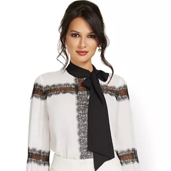 Tops - Lace-Inset Tie-Neck Blouse